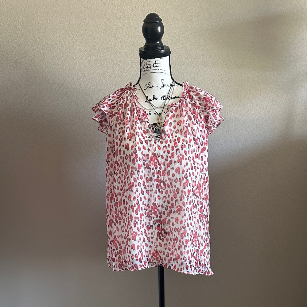 Banana Republic | Leopard Print Split-Neck Ruffled Cap Sleeve Blouse